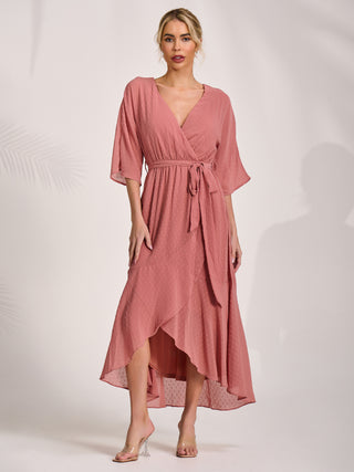 dusty pink wrap dress Long Bohemian Dress Boho Maxi Wrap Dress Goddess Organic Cotton Fringe Dress Chintamani Raw Natural Dress Boho Wedding / Dusty Pink