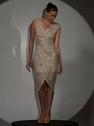 Sequin V Neck Ruched Wrap Bodycon Dress Beige Silver