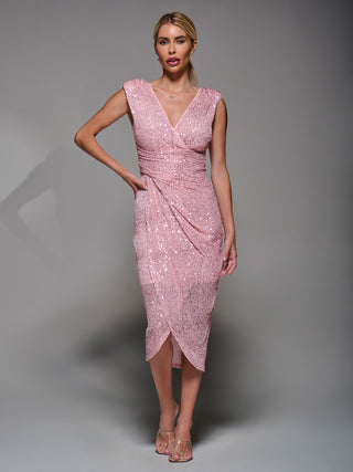 Sequin V Neck Ruched Wrap Bodycon Dress, Pink