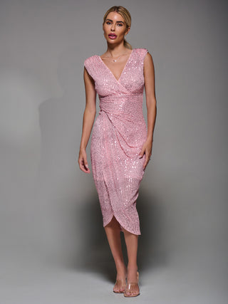 Sequin V Neck Ruched Wrap Bodycon Dress, Pink