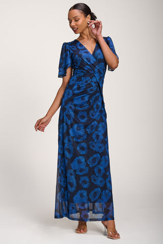 Angel Sleeve Mesh Maxi Dress, Blue Abstract
