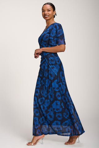Angel Sleeve Mesh Maxi Dress, Blue Abstract
