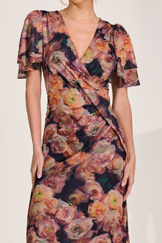 Angel Sleeve Mesh Maxi Dress, Orange Floral