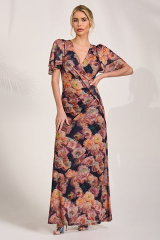 Angel Sleeve Mesh Maxi Dress, Orange Floral