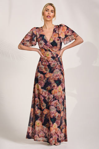 Angel Sleeve Mesh Maxi Dress, Orange Floral