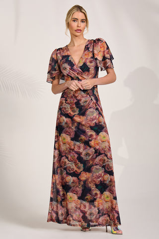 Angel Sleeve Mesh Maxi Dress, Orange Floral