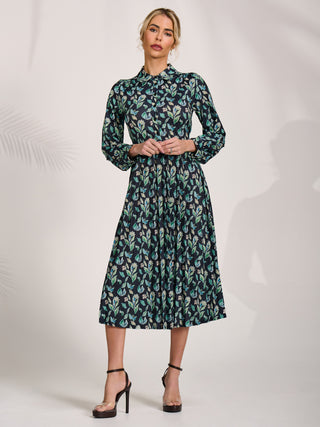 Pleated Button Front Midi Dress, Navy Floral