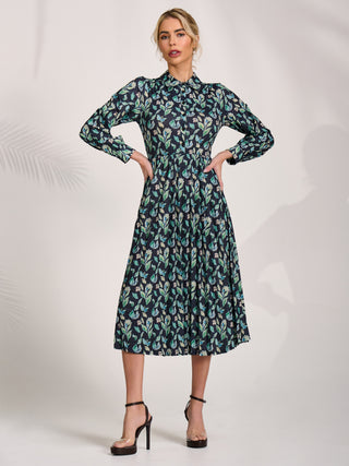 Pleated Button Front Midi Dress, Navy Floral