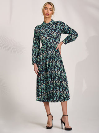 Pleated Button Front Midi Dress, Navy Floral