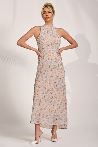Chiffon Halterneck Midaxi Dress, Beige Floral