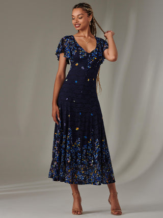 Cap Sleeve Lace Maxi Dress, Blue Multi