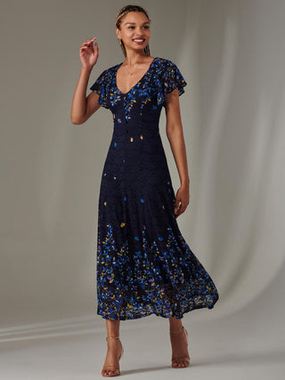 Cap Sleeve Lace Maxi Dress, Blue Multi