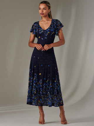 Cap Sleeve Lace Maxi Dress, Blue Multi