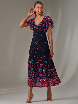 Cap Sleeve Lace Maxi Dress, Pink Multi Jolie Moi Retail Cap Sleeve Lace Maxi Dress, Pink Multi Jolie Moi Retail