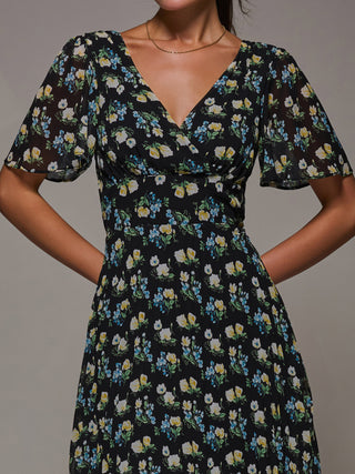 Floral Chiffon V Neck Midaxi Dress Black Floral
