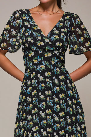 Floral Chiffon V Neck Midaxi Dress Black Floral