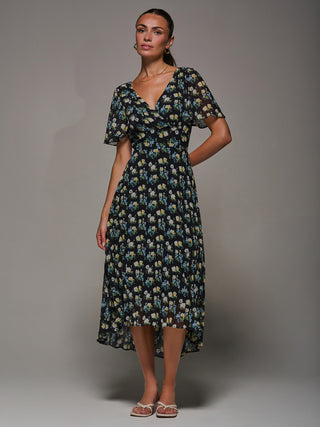 Floral Chiffon V Neck Midaxi Dress Black Floral