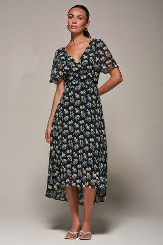 Floral Chiffon V Neck Midaxi Dress Black Floral