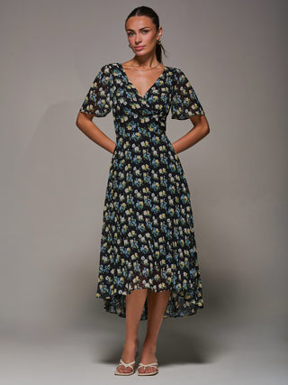 Floral Chiffon V Neck Midaxi Dress Black Floral