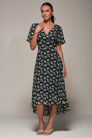 Floral Chiffon V Neck Midaxi Dress Black Floral
