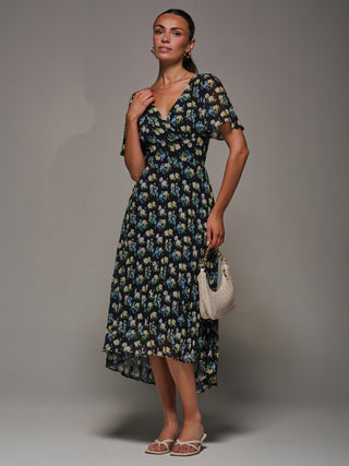 Floral Chiffon V Neck Midaxi Dress Black Floral