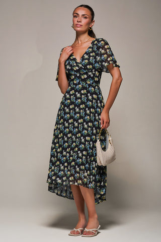 Floral Chiffon V Neck Midaxi Dress Black Floral