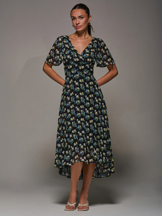 Floral Chiffon V Neck Midaxi Dress Black Floral
