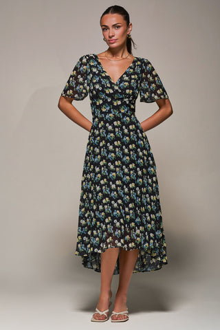 Floral Chiffon V Neck Midaxi Dress Black Floral