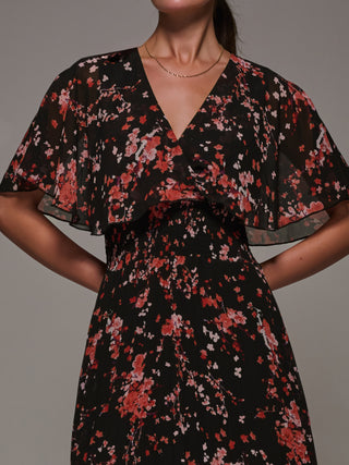 Chiffon Floral Print Pleated Midaxi Dress, Black Red Floral