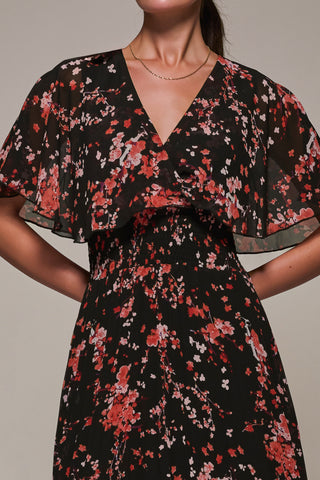 Chiffon Floral Print Pleated Midaxi Dress, Black Red Floral