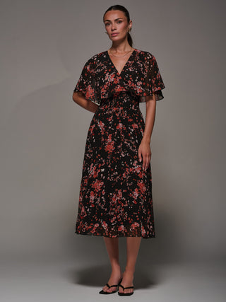 Chiffon Floral Print Pleated Midaxi Dress, Black Red Floral
