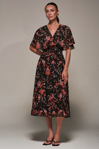 Chiffon Floral Print Pleated Midaxi Dress, Black Red Floral