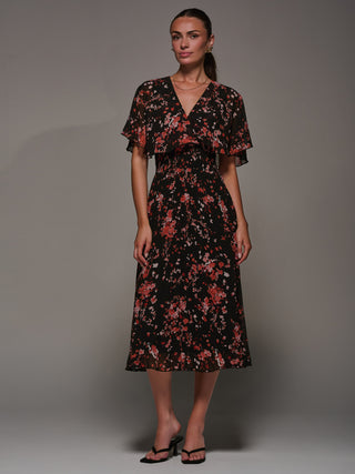Chiffon Floral Print Pleated Midaxi Dress, Black Red Floral