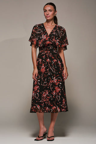 Chiffon Floral Print Pleated Midaxi Dress, Black Red Floral
