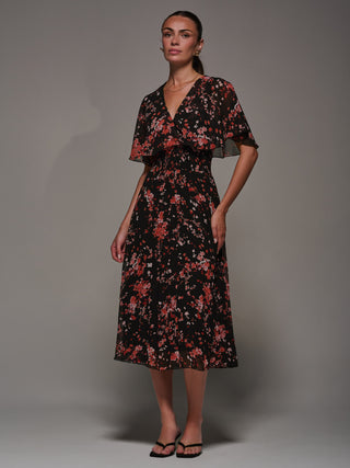 Chiffon Floral Print Pleated Midaxi Dress, Black Red Floral