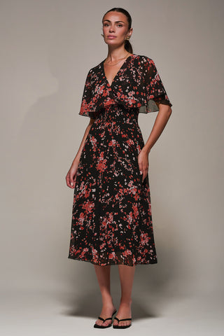 Chiffon Floral Print Pleated Midaxi Dress, Black Red Floral