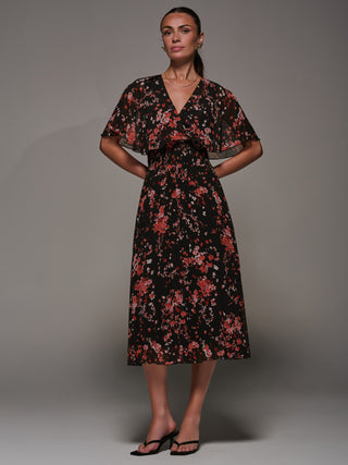 Chiffon Floral Print Pleated Midaxi Dress, Black Red Floral