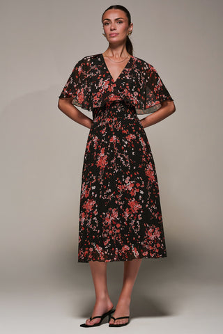 Chiffon Floral Print Pleated Midaxi Dress, Black Red Floral