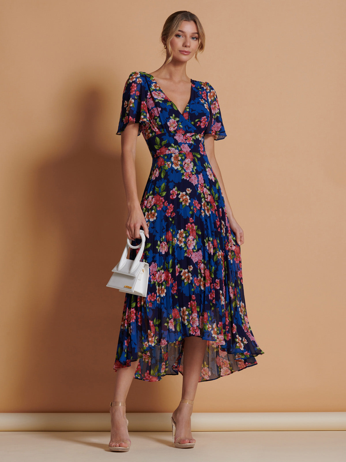 Pleated Chiffon High Low Maxi Dress, Navy Floral – Jolie Moi Retail