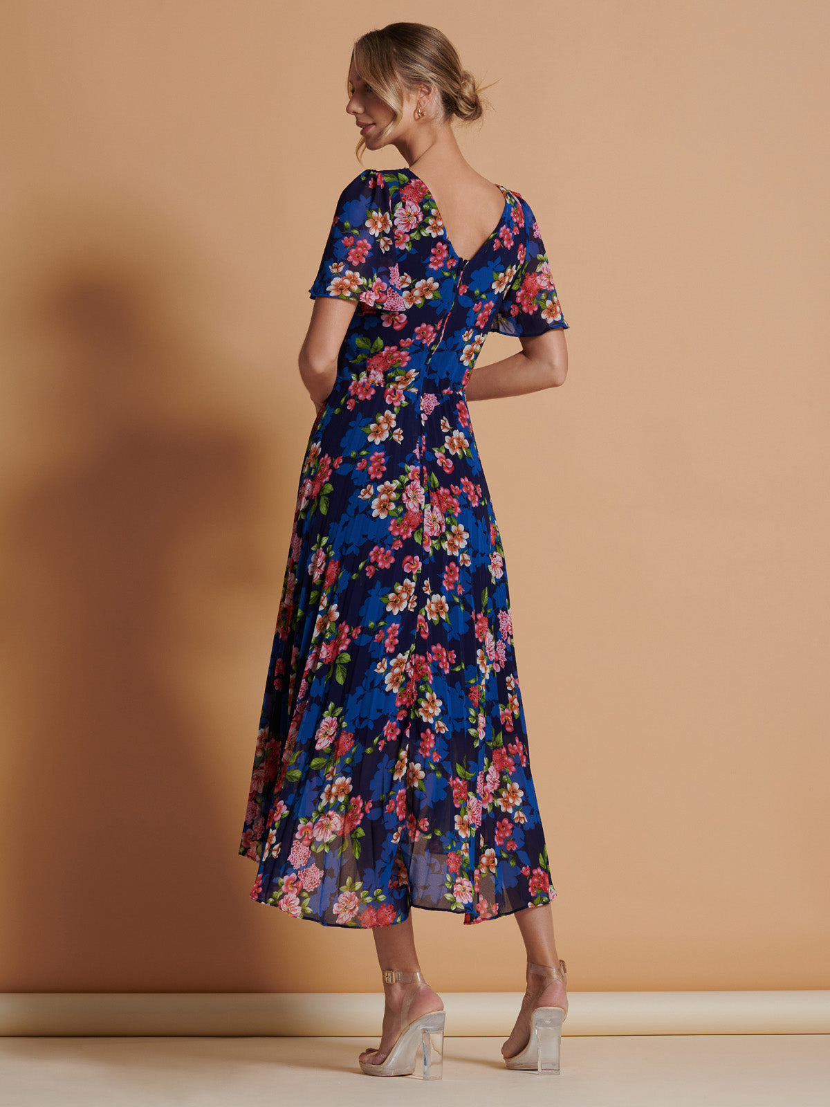 Pleated Chiffon High Low Maxi Dress, Navy Floral – Jolie Moi Retail