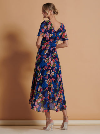 Pleated Chiffon High Low Maxi Dress, Navy Floral