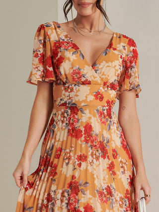 Pleated Chiffon High Low Maxi Dress, Red Floral Jolie Moi Retail Pleated Chiffon High Low Maxi Dress, Red Floral Jolie Moi Retail