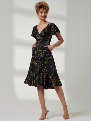 Julissa Satin Flare Hem Dress, Black Multi