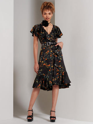 Julissa Satin Flare Hem Dress, Black Multi