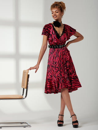 Deep Plunge V-Neck Midi Dress, Magenta Animal