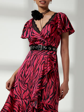 Deep Plunge V-Neck Midi Dress, Magenta Animal