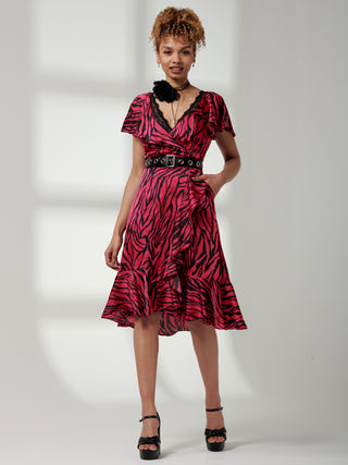 Deep Plunge V-Neck Midi Dress, Magenta Animal