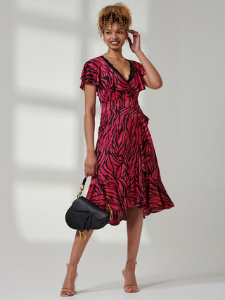 Julissa Satin Flare Hem Dress, Magenta Animal