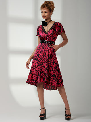 Deep Plunge V-Neck Midi Dress, Magenta Animal