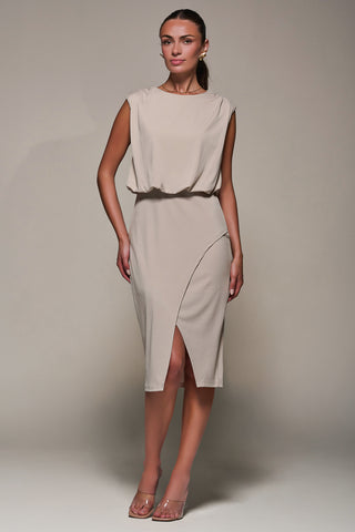 Draped Wrap Bodycon MIdi Dress, Taupe